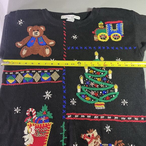 Vtg VICTORIA JONES Tunic Sweater Beaded Ugly Christmas Holiday Womens M Black - Picture 5 of 12